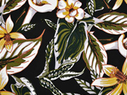 Baumwollsatin elastisch Callas Blumen schwarz senf