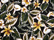 Baumwollsatin elastisch Callas Blumen schwarz senf