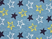 Softshell Jackenstoff Sterne, gelb rauchblau