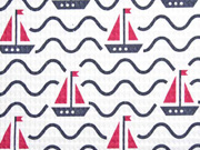 Waffelpiqu� Frottee Wellen Segelboote, dunkelblau rot wei�