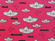 Jersey Papierschiffchen & Wolken - fuchsia (pink)