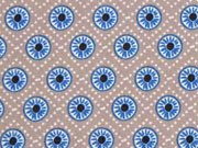 Baumwollstoff R�dchen, hellblau auf beige