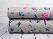 Sweatshirtstoff V�gel Blumen angeraut, grau meliert