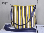 Dekostoff Leinenlook Streifen, senfgelb dunkelblau natur