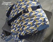 Dekostoff Leinenlook geometrisches Muster, senfgelb dunkelblau natur