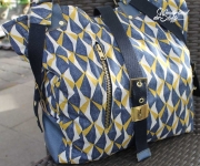 Dekostoff Leinenlook geometrisches Muster, senfgelb dunkelblau natur