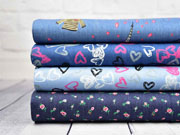 Jeansstoff Bl�mchen elastisch, rosa dunkelblau