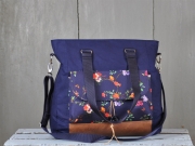 Baumwollstoff Blumen V�gel Digitaldruck, dunkelblau