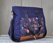 Baumwollstoff Blumen V�gel Digitaldruck, dunkelblau