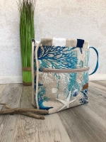 Dekostoff Leinenlook Seesterne Korallen Muscheln, blau natur