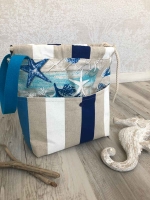 Dekostoff Leinenlook Seesterne Korallen Muscheln, blau natur