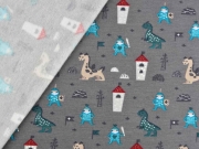 Sweatstoff Ritter Drachen Dinos, t�rkis hellgrau dunkelgrau