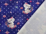 Sweatstoff French Terry Jeanslook Katzen Blumen Punkte, dunkelblau