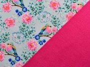 Softshell Stoff V�gel Rosen Bl�tter Zweige, pink mint