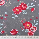 Jersey Stoff Blumen Bl�tter, rot dunkelgrau