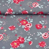 Jersey Stoff Blumen Bl�tter, rot dunkelgrau