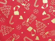 Baumwollstoff Weihnachtsb�ume Nikolausstiefel Glitzer, gold rot