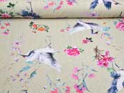Dekostoff Half Panama Digitaldruck Kraniche Blumen, beige