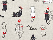 Leinenlook Dekostoff Katzen, schwarz rot natur