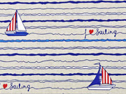 Leinenlook Dekostoff Segelboote, blau wei� rot