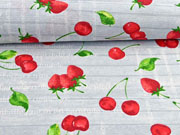 Dekostoff Holzoptik Kirschen Erdbeeren, hellgrau