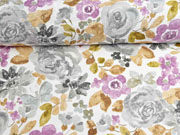 Dekostoff gro�e Blumen, grau braun flieder wei�