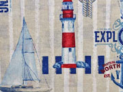 Dekostoff Leinenlook Streifen Segelboote Leuchtt�rme, rot blau natur