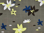 Musselin Double Gauze Blumen, gelb blau auf taupe