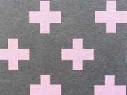 Ottoman Dekostoff Kreuze, rosa auf grau