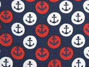 Baumwollstoff  Anker im Kreis, wei� rot auf dunkelblau