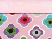 Softshell Stoff Retro-Bl�ten, bunt auf altrosa