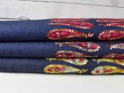 Jeansstoff Bord�re Paisley Stickerei, gelb dunkelblau