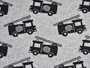 French Terry Feuerwehr Auto, schwarz grau melange