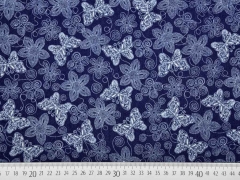 Elastischer Jeansstoff Schmetterlinge Blumen,dunkelblau