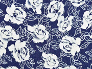 Stretchjeansstoff Blumen, wei� auf dunkelblau