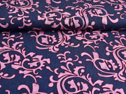 Jeansstoff Stickerei Ranken, rosa auf dunkelblau