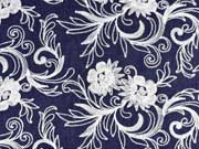 Jeansstoff bestickt Blumenranken, dunkles jeansblau