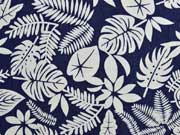 Stretchjeansstoff Palmbl�tter Farn, dunkles jeansblau