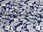 Stretchjeansstoff Palmbl�tter Farn, dunkles jeansblau