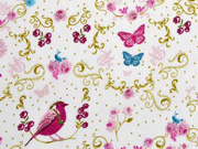 Baumwollstoff V�gel Schmetterlinge Ranken, wei�