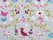 Baumwollstoff V�gel Schmetterlinge Ranken, hellgrau