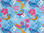 Baumwollstoff V�gel Blumen, hellblau