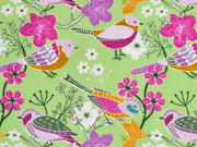 Baumwollstoff V�gel Blumen, hellgr�n