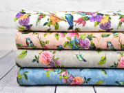 Blusenstoff V�gel Rosen Crinkle, bunt jeansblau