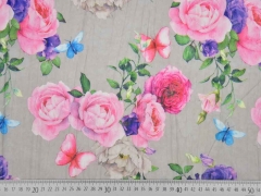 Blusenstoff Rosen Schmetterlinge Crinkle, grau