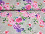 Blusenstoff Rosen Schmetterlinge Crinkle, grau