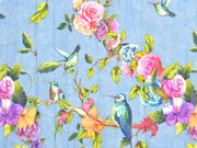Blusenstoff V�gel Rosen Crinkle, bunt jeansblau