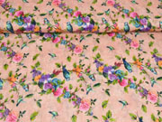 Blusenstoff V�gel Rosen Crinkle, bunt apricot