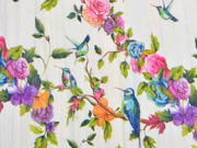 Blusenstoff V�gel Rosen Crinkle,  bunt cremewei�