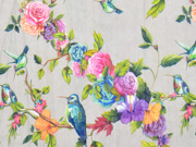 Blusenstoff V�gel Rosen Crinkle, bunt grau